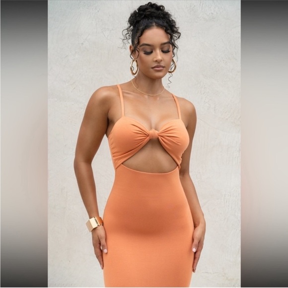NWT JLUXLABEL Orange Midnight Memories Knot Cut Out Fitted Midi Dress Size M - Picture 3 of 8